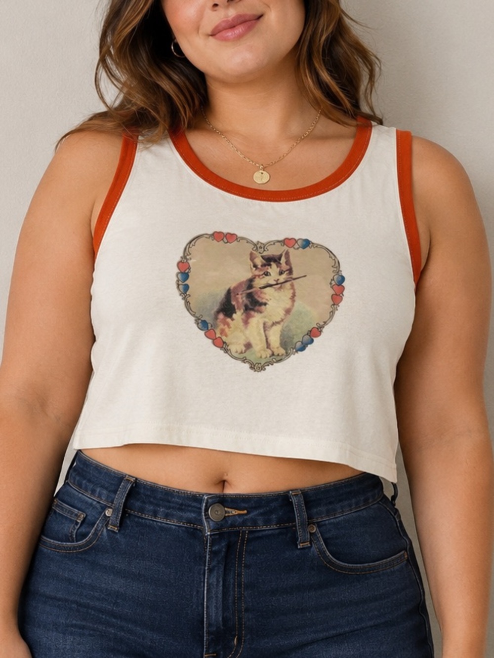 Shein Cat Heart Graphic Cropped Tank Top Cream Orange 0XL